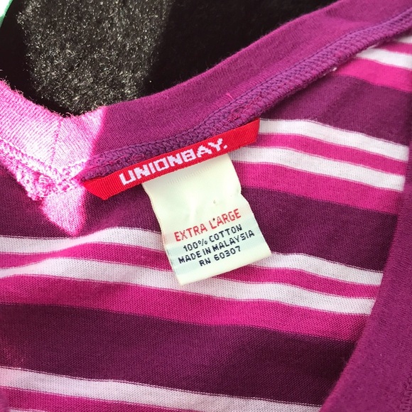 Union Bay Pink Purple White Striped v-Neck & Back Shirt Top 3/4 Sleeves Jrs XL - Picture 1 of 9